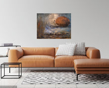 Load image into Gallery viewer, Living room scene with orange leather couch ad ottoman, grey and white patterned rug and blue, orange and grey painting on wall
