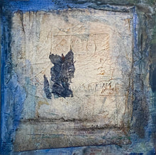 Load image into Gallery viewer, Blue textureed background with floating abstract angel shape. 12"x12" x1.5" canvas ready to hang