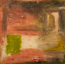 Load image into Gallery viewer, Brown and red-orange wall with an open door. A green rectangle indicates a bed.