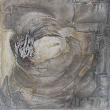 Load image into Gallery viewer, Impressionist bust portratin of a female with scarf on head fastened with a brooch, gazing to the right. Overall grey and neutral tones with some pale gold accent.