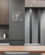 Load image into Gallery viewer, Painting on wall next to kitchen cabinet in modern setting homw or office. The portrait is impressionist style of a woman gazing to the right