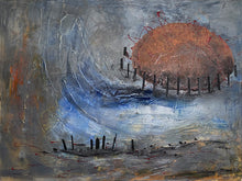 Load image into Gallery viewer, Ambiguous blue-grey background with orange accents. In the top right quadrant and orange egg shape is surrounded by black wooden sticks in a fence formation, as if to hold it in place. At the lower edge, similar sticks appear, some broken and some falling over, as if something escaped. Cold wax finish covers the whole painting.
