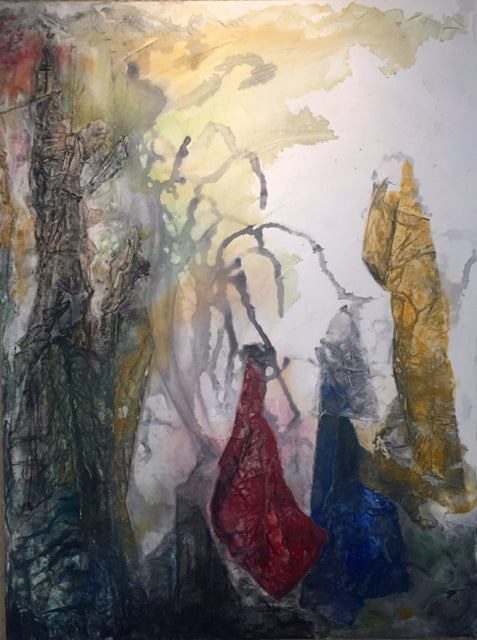 Three female figures in proifle near a ghostly colorful tree